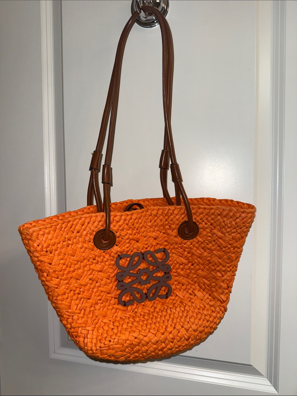 Orange Woven Straw Raffia Bag with Brown Leather Handles